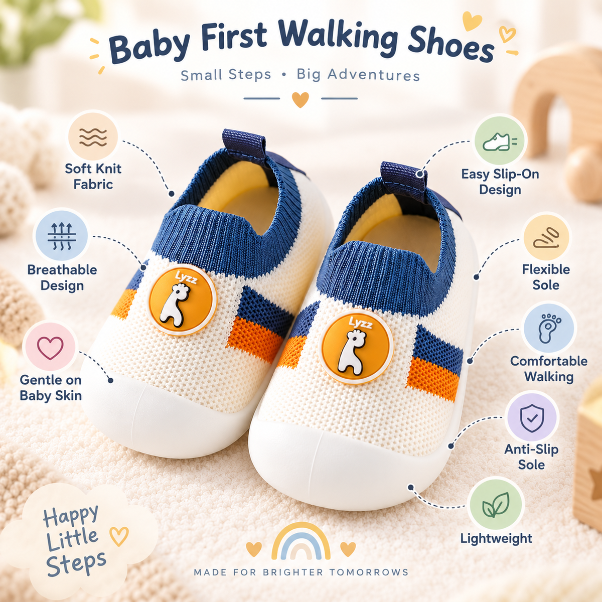 Baby First Walking Toddler Slip-On Shoes for Boys & Girls | Lightweight Flexible Anti-Slip First Walker Shoes for Baby & Kids Soft Knit Breathable Sneakers | (9 to 12 Months)